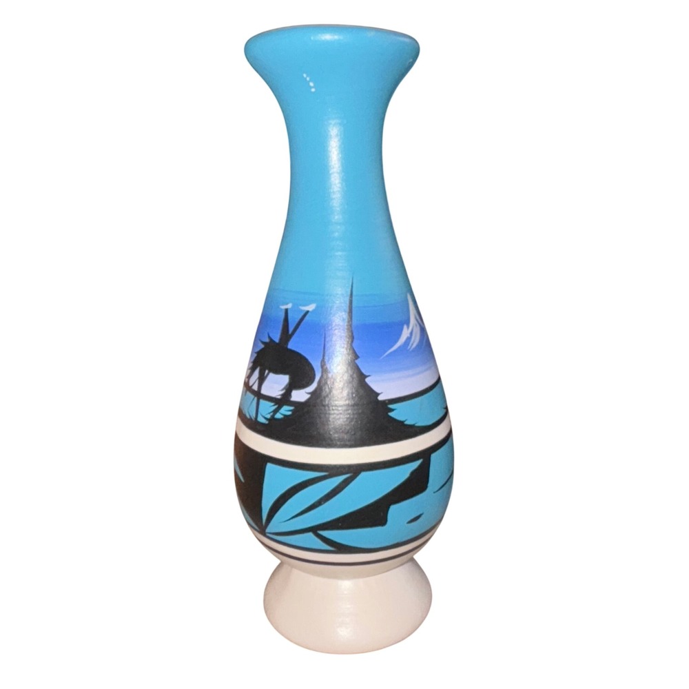 Hand Painted Blue Ceramic Vase Southwest Desert Mountain Scene‎
